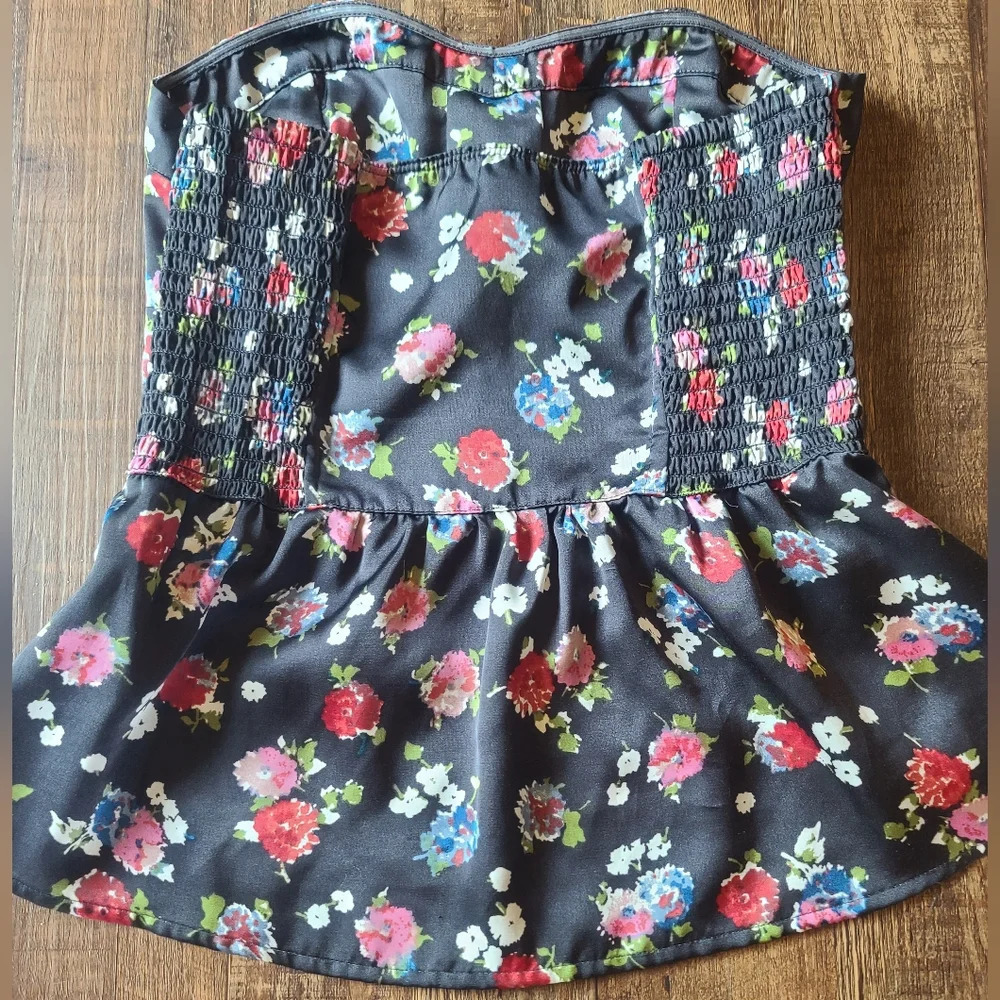 American Eagle Black Red Rose Floral Strapless Tube Top - Picture 2 of 6